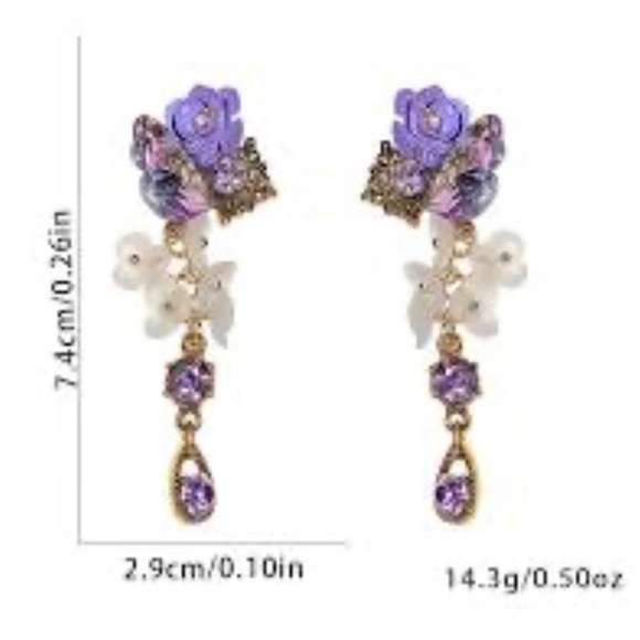 Flower Crystal Purple Dangle Earrings - Picture 6 of 13